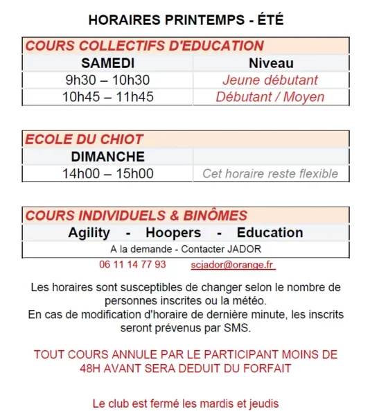 Educateur canin Annecy - Horaires JADOR
